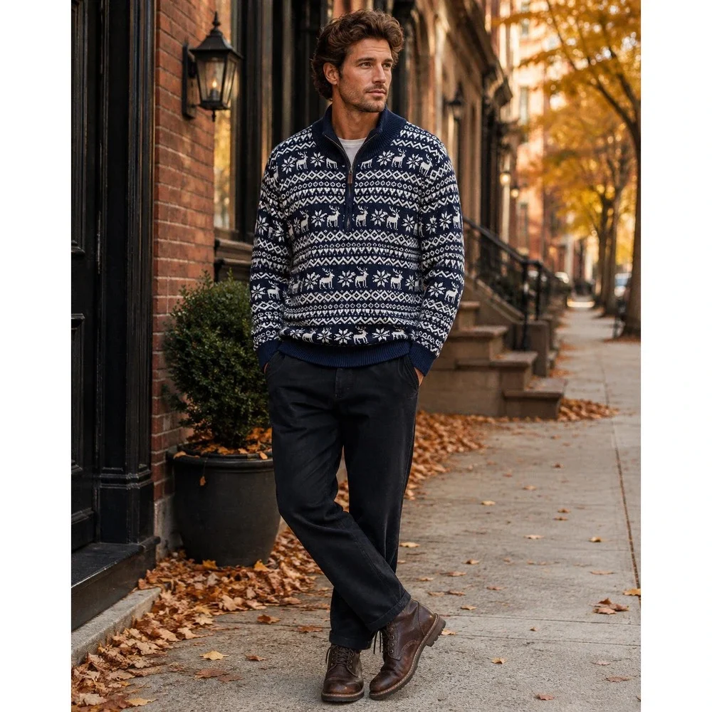 Mens 2XL Tall Fair Isle Reindeer Quarter Zip Cotton Sweater Nordic Ski Lodge